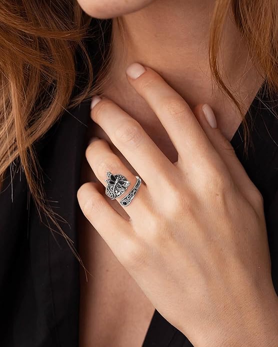 S925-Sterling-Silver Abalone Dragonfly-Turquoise Spoon Ring - Vintage Boho Sunflower Thumb Oxidized Wrap Rings Victorian Style Antique Floral Jewelry Gifts for Women