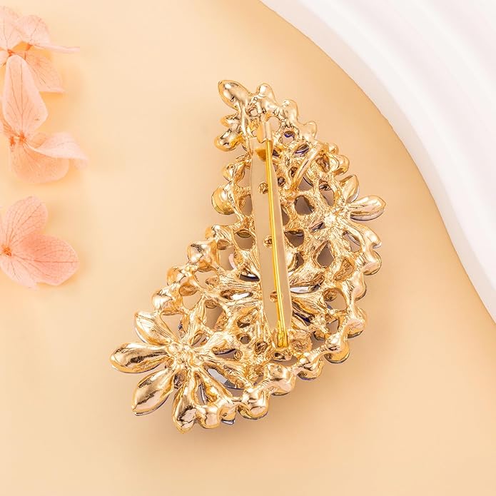 LAXPICOL Vintage Austrian Crystal Flower Leaf Bouquet Clusters Large Big Brooch Pin for Women Gold Tone