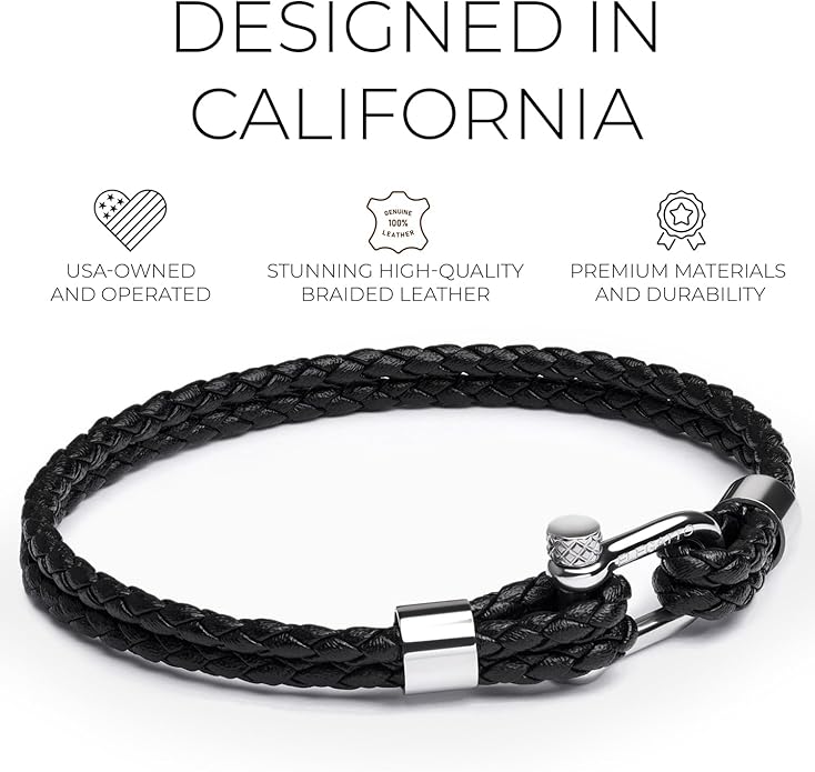 Elegatto Helix Premium Vintage Leather Bracelet for Men | Double Black Leather Strands with Sterling Silver Polished Mini Shackle Closure | Men’s Designer Jewelry