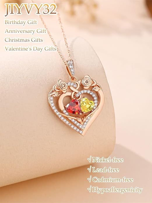JIYVY32 Rose Heart Necklace for Women Exquisite 925 Sterling Silver Anniversary Birthday Gifts for Wife Mom Her Double Birthstone Pendant Jewelry