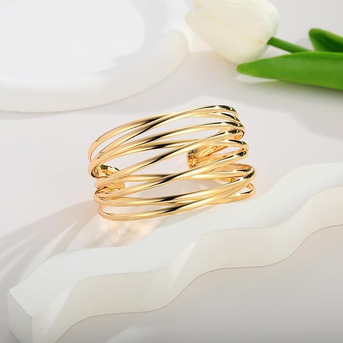 Gold Cuff Bracelet for Women Chunky Multi-layer Cross Wire Open Bracelet Hollow Wide Cuff Bracelets Adjustable Gold Open Cuff Bangle Bracelet