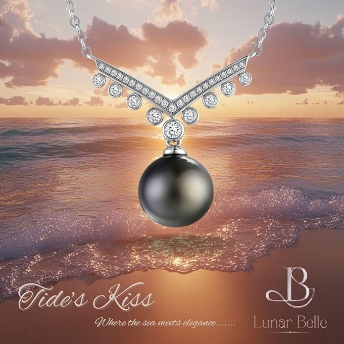Lunar Belle Black Jewelry for Women Tahitian Pearl Pendant Necklace with Moissanite Sterling Silver, Romantic Gift for Wife Girlfriend Valentine Anniversary (Tide's Kiss)