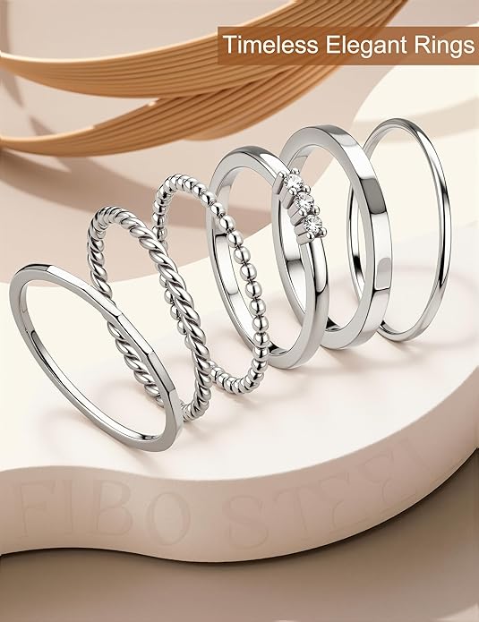 FIBO STEEL 14K Gold Plated Stackable Rings for Women Non Tarnish - Dainty Rings Cubic Zirconia Thin Ring Set Minimalist Thumb Stacking Ring Size 5-11