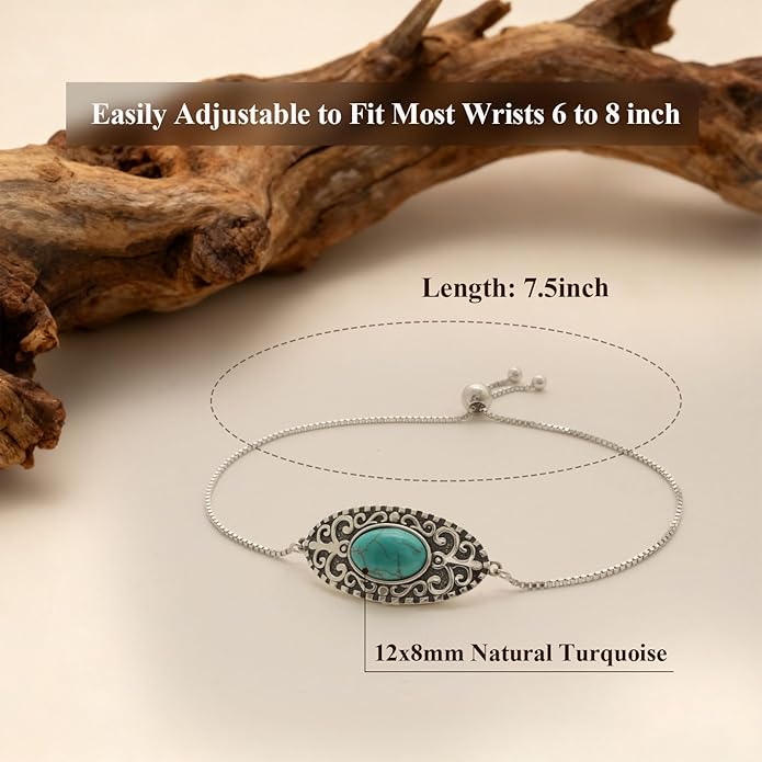 12x8MM Genuine Turquoise Bracelet for Women 925 Sterling Silver Blue Green Square Gemstone Adjustable Boho Bracelets 6 to 8 Inch
