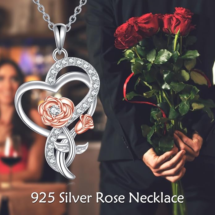 Tulip Sunflower Rose Lily of the Valley Sterling Silver Flower Heart Pendant Necklace Gifts for Women Mother Flower Lover