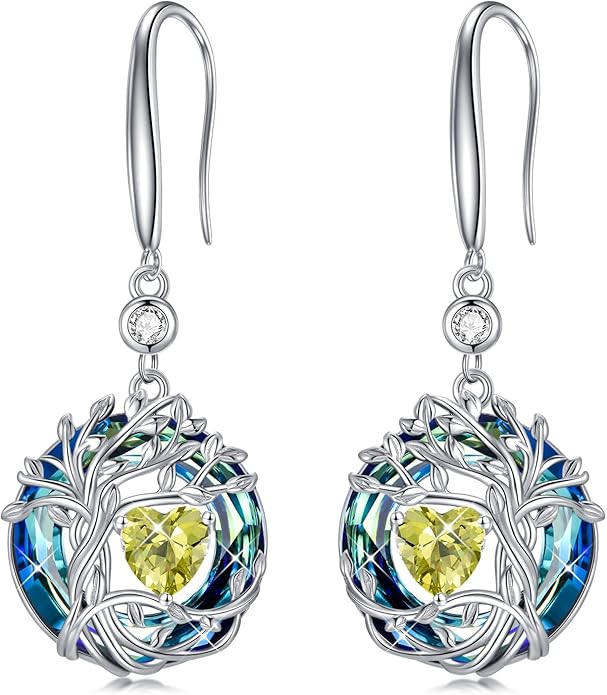 TOUPOP Tree of Life Birthstone Earrings for Women 925 Sterling Silver Family Tree Dangle Earrings Austrian Crystal Jewelry Birthday Christmas Gifts for Her Girlfriend Wife Mom