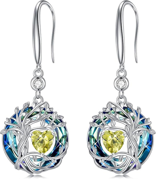 TOUPOP Tree of Life Birthstone Earrings for Women 925 Sterling Silver Family Tree Dangle Earrings Austrian Crystal Jewelry Birthday Christmas Gifts for Her Girlfriend Wife Mom