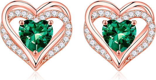 Iefil Birthstone Earrings for Women, 925 Sterling Silver Heart Stud Earrings Birthday Gifts for Women