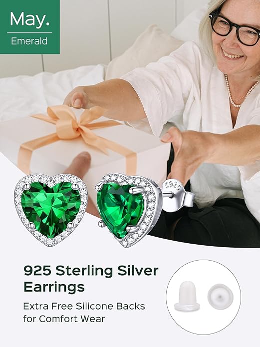 ChicSilver 925 Sterling Silver Birthstone Earrings for Women, 8MM/2 Carat Heart & Round Cubic Zirconia Stud Earrings, Hypoallergenic Jewelry, Ideal Birthday or Christmas Gifts