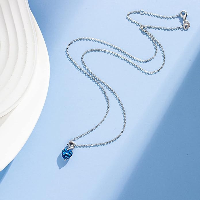 AGVANA Christmas Gifts 14K White Gold Gemstone Pendant with Sterling Silver Chain 8mm Heart Birthstone Necklace for Women Fine Jewelry Anniversary Birthday Gifts for Women Mom Wife Girlfriend Her
