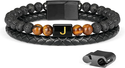 LUXEJEW Gifts for Men - Mens Bracelet, Beaded Leather Initial Bracelet 6mm Matte Agate Stone Handmade Bracelets Adjustable Stainless Steel Magnetic Clasp Mens Jewelry Gifts