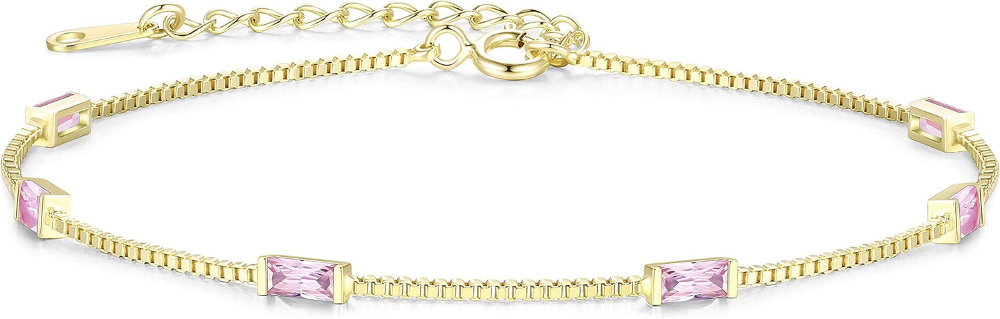LOUISA SECRET Birthstone Bracelets for Women, 925 Sterling Silver Dainty Simple Women Charm Link Bracelet, Birthday Anniversary Jewelry Gifts for Women Wife Mom Her
