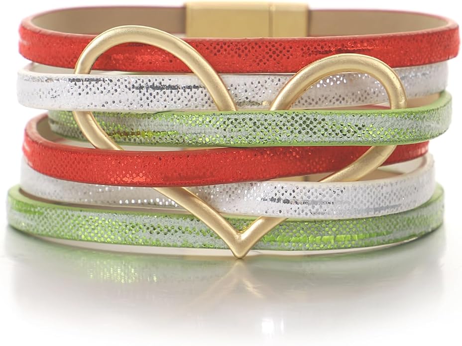 Leather Wrap Bracelet for Women Beaded Cuff Bracelet with Heart-shape Decor Bohemian Crystal Bracelet Jewelry with Clasp Bangle Bracelet for Women Girls Birthday Holiday Gift