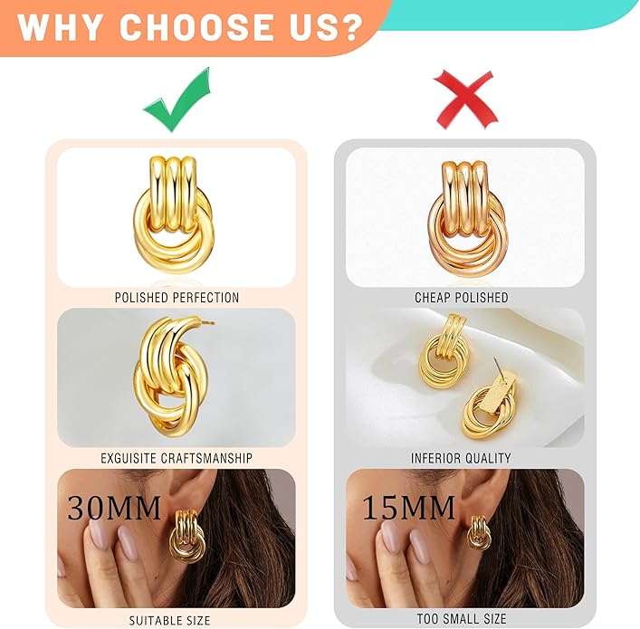 Chunky Gold Geometric Earrings for Women, Lightweight Gold Knot Dangle Drop Statement Dupes Long Link Earrings, Hypoallergenic Gold Plated Vintage Earrings Jewelry Trendy for Women