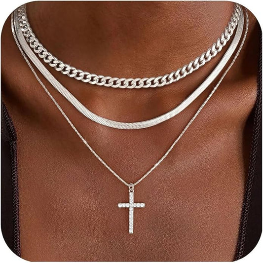 Layered Gold Silver Necklace for Women Non Tarnish,Dainty Choker Statement Chunky Necklace Stack Charm Pendant Chain Necklace Set 14K Gold Plated Long Stacked Womens Necklaces Trendy Jewelry Gift