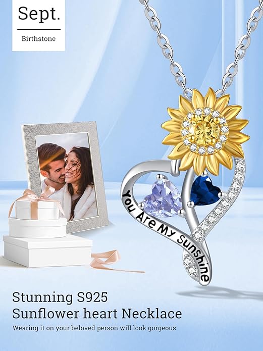 Zeuslia Double Birthstone Necklace Gifts for Wife - 925 Sterling Silver Sunflower/Rose/Crown Cross/Compass/Heart Pendant I Love You Necklace, Anniversary Birthday Gifts for Wife Girlfriend Mom Her