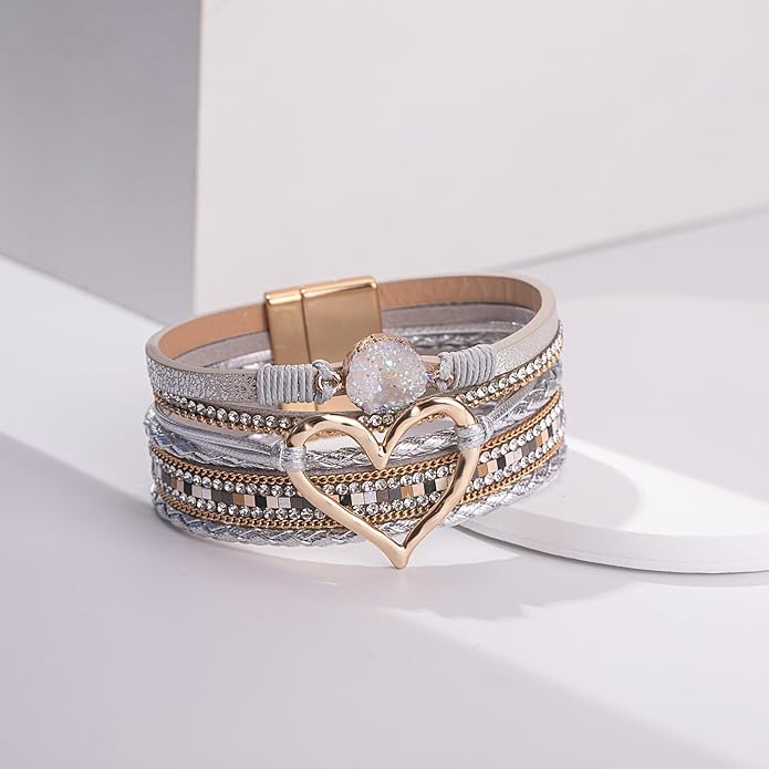FANCY SHINY Heart Leather Wrap Bracelets Stackable Boho Cuff Bangles Trendy Resin Stone Rhinestone Bracelets with Magnetic Clasp for Women