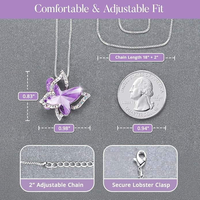 GEMMANCE Valentine's Day Gift Butterfly Birthstone Crystal Necklace, Silver Tone with 18”+2” Chain, Necklace for Mother’s Day Anniversary Birthday Gifts for Women and Daughter