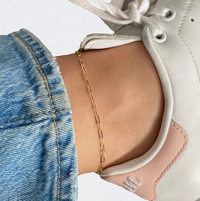Dainty Ankle Bracelets for Women 18K Gold Plated Satellite Beaded Herringbone Chain Anklets Simple Lip Chain Anklet Minimalist Summer Beach Foot Jewelry Christmas