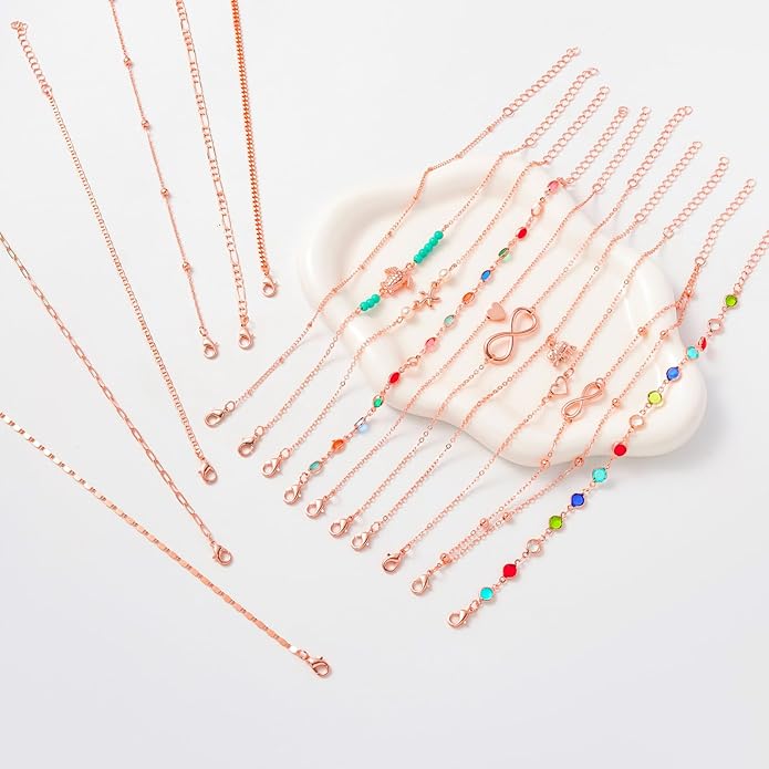 Starain 12Pcs Summer Beach Anklets for Women Waterproof Gold Silver Chain Ankle Bracelets Cute Women's Foot Anklet Set 7.9-10.5 inch Adjustable