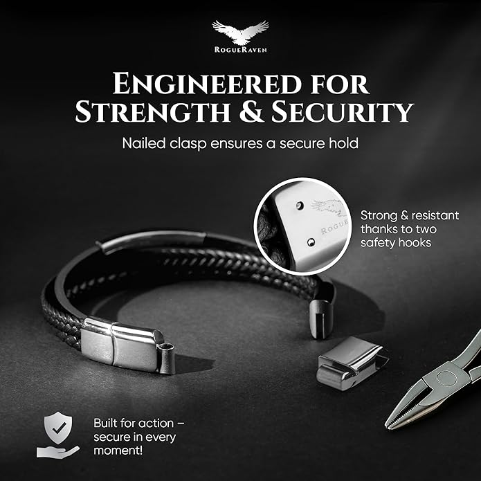RogueRaven Black Leather Bracelet for Men – Premium Collection – Brown Black Gold Silver | Genuine Leather Mens Bracelet with Stainless Steel Clasp [Adjustable] | In Luxury Gift Box