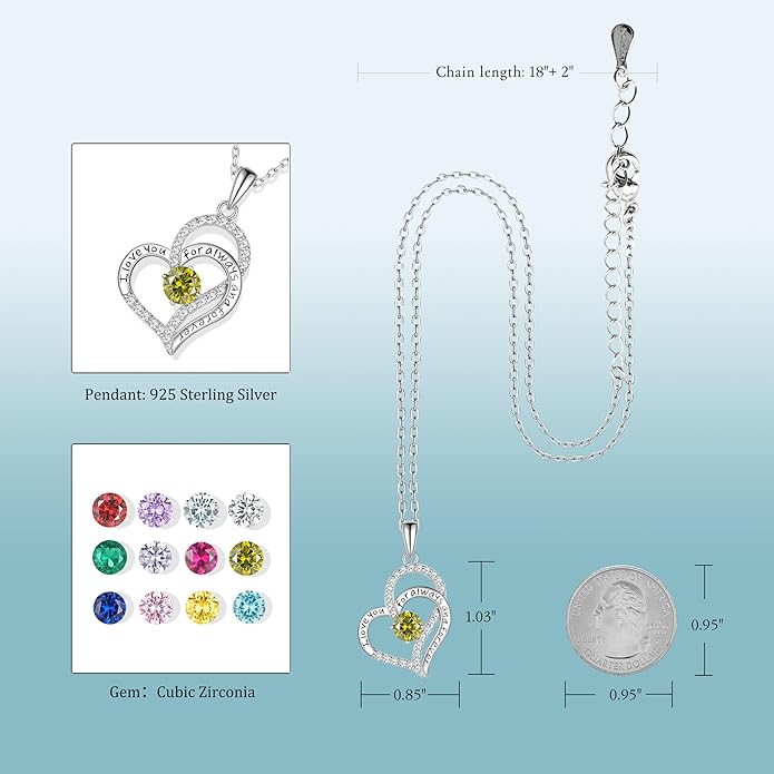 Heart Birthstone Silver Necklace for Women, S925 Sterling Silver Pendant Necklace Birthday Jewelry Gifts for Her Mother Mom Wife Girlfriend
