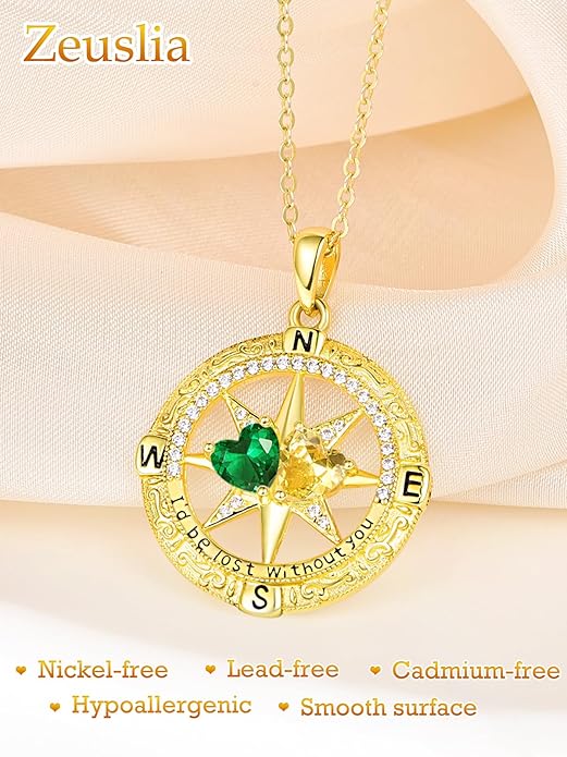 Zeuslia Double Birthstone Necklace Gifts for Wife - 925 Sterling Silver Sunflower/Rose/Crown Cross/Compass/Heart Pendant I Love You Necklace, Anniversary Birthday Gifts for Wife Girlfriend Mom Her