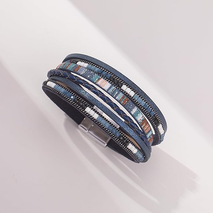FANCY SHINY Boho Leather Wrap Bracelets Trendy Layered Bracelets with Magnetic Clasp Strackable Bohemian Jewelry Gifts for Women