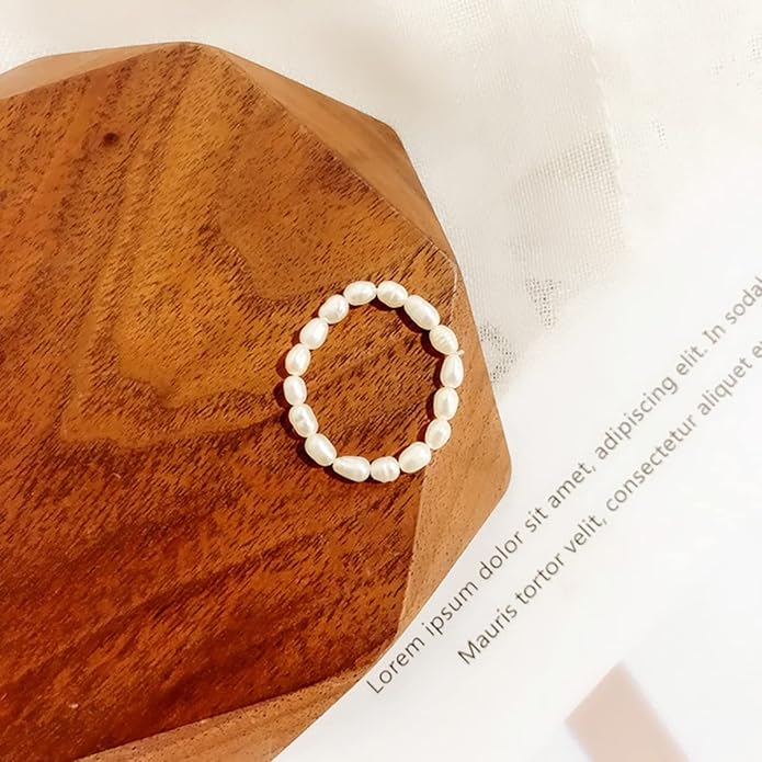 Vintage Boho Cultured Pearl Adjustable Beaded Wrap Ring,Trendy Elastic Freshwater Pearl Rings for Women,Fashion Heart Shell Stacking Rings for Men