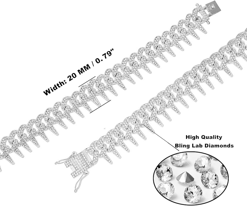 HH BLING EMPIRE Mens Gold Silver Plated Spike Cuban Link Chain Necklace and Bracelet Sets, Chunky Iced Out Diamond Miami Cuban Link Chains Hip Hop Jewelry