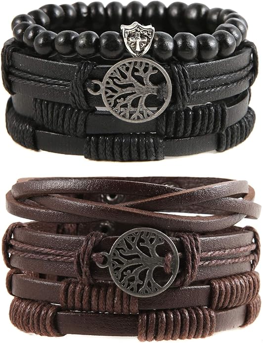 HZMAN Genuine Leather Tree of life Bracelets Men Women, Tiger Eye Natural Stone Lava Rock Beads Ethnic Tribal Elastic Bracelets Wristbands
