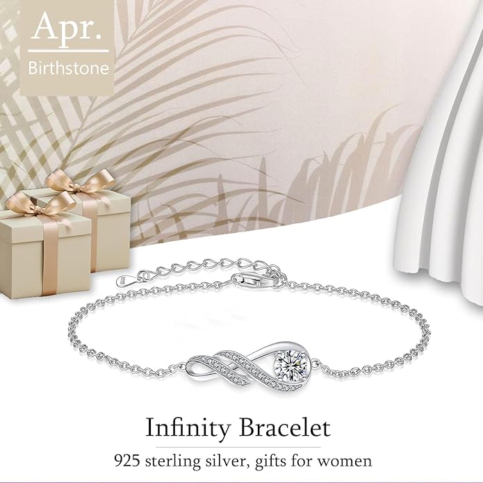 Birthstone Bracelets for Women 925 Sterling Silver Created Gemstone Bracelet Infinity Pendant Jewelry for Her, 6.7"+1.2"