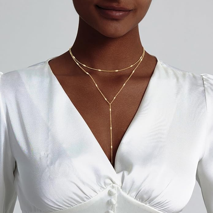 Luxval Lariat Silver Necklace for Women, Dainty Long Necklace Silver Y-Shaped Pendant Necklaces Trendy Beaded Chain Drop Necklaces Jewelry for Women Gifts