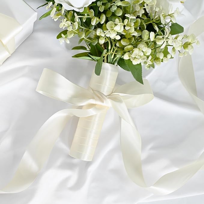 LEEQE Double Face Ivory Satin Ribbon 1-1/2 inch X 50 Yards Polyester Ivory Ribbon for Gift Wrapping Very Suitable for Weddings Party Hair Bow Invitation Decorations and More
