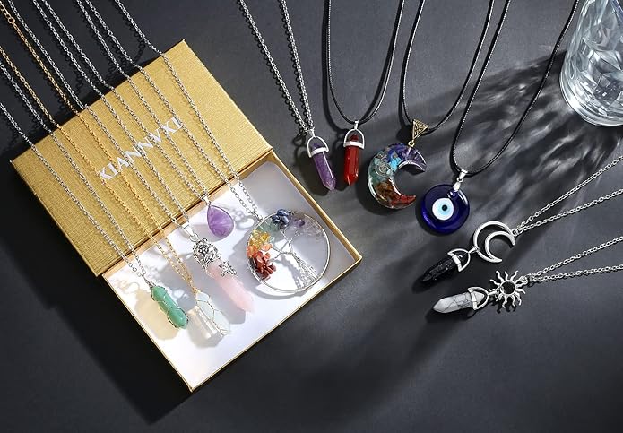 XIANNVXI 11 Pcs Crystal Necklaces for Women, Evil Eye Boho Chakra Hippie Pendant Beach Jewelry Set, Gifts