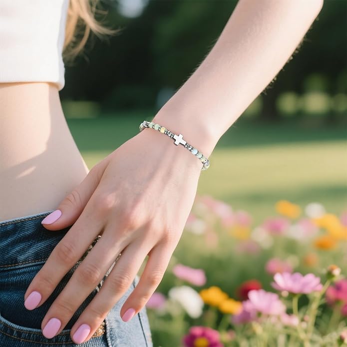 VIBILIA Cross Beaded Bracelets for Women, Inspirational Natural Heart Religious Bracelets for Women, Birthday Christian Gifts for Women on Thanksgiving Christmas Gifts