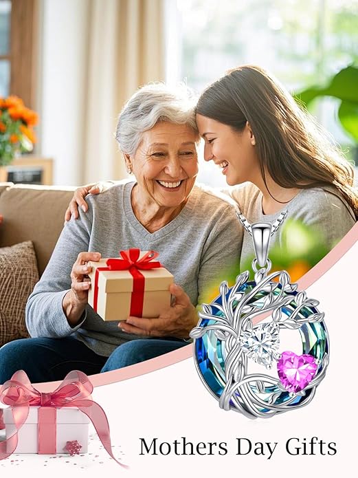 TOUPOP s925 Sterling Silver Family Celtic Tree of Life Pendant Necklaces with 2 Heart Birthstone with Blue Austrian Crystal Jewelry Birthday Anniversary Christmas Gifts for Her Wife Girlfriend Mom (18K Real White Gold Filled)