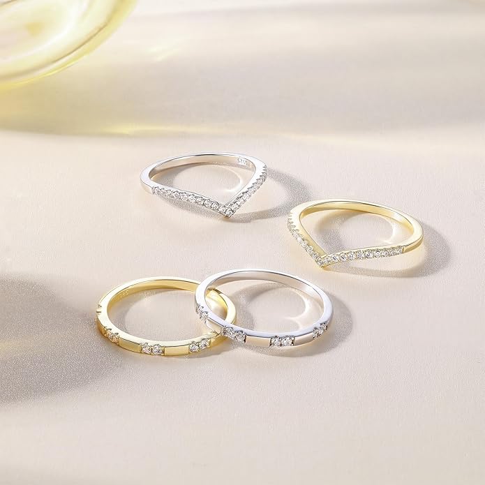 Arvaleff 925 Sterling Silver Rings for Women Ladies Wedding Band V Shaped Heatbeat Pattern Cubic Zirconia Engagement Eternity Ring Thin Stackable Comfort Fit Size 4-12
