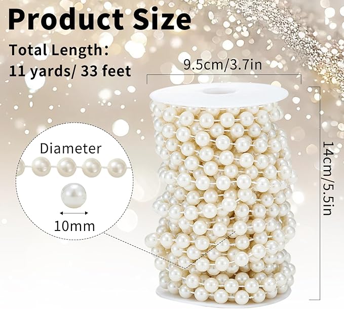 Rytenz Pearls String Bead, Ivory Color Faux Pearl Beads Roll Strand for Wedding Party Christmas Tree and Flowers Decorations Garland DIY Crafts (10mm- 33 Feet)
