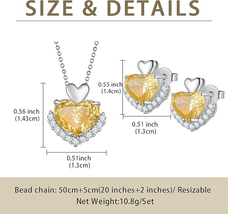 Ydou Love Heart Necklaces and Earrings with Rose Cut Birthstone Silver Plated Elegant Jewelry Set for Women CS0002