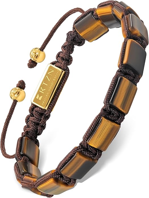 RTZN® Tigers Eye Bracelet for Men – Premium Artisan Handcrafted Golden Brown Tiger Eye Bead Bracelets – Natural Stone Tiger Eye Bracelet Men – Beaded Bracelets for Men