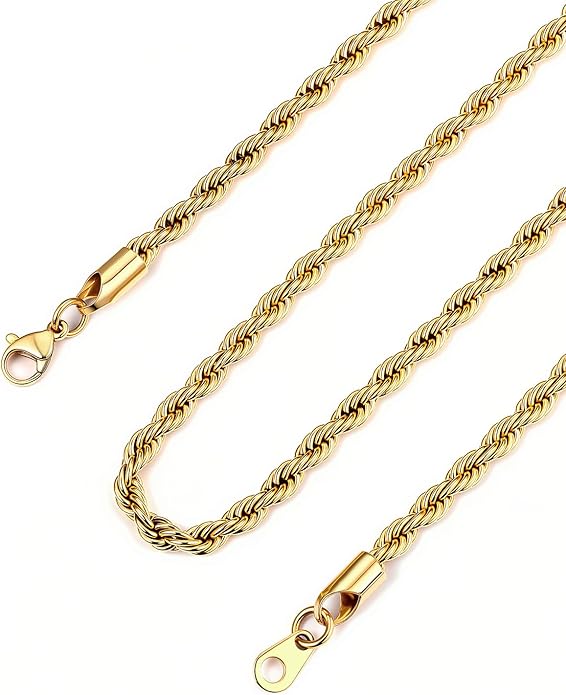 Bandmax Solid 1.5mm/2mm/3mm/6mm Rope Chains for Men Women 14K Gold Plated/Black Plated Stainless Steel Twist Chain 16-30 Inches, with Gift Box
