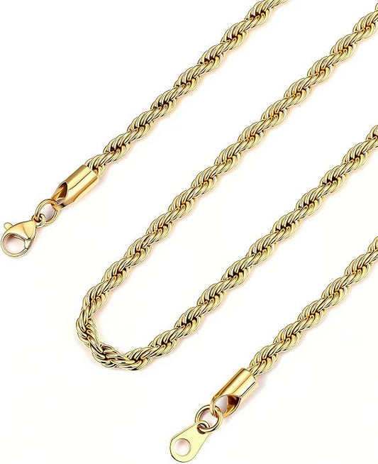 Bandmax Solid 1.5mm/2mm/3mm/6mm Rope Chains for Men Women 14K Gold Plated/Black Plated Stainless Steel Twist Chain 16-30 Inches, with Gift Box