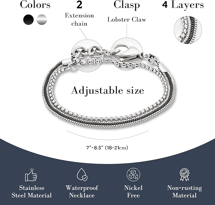 Galis Mens Bracelet - Cuban Link or Box Chain Layered Chain For Men - Premium Stainless Steel, Gift for him, Gold, Silver, Black Bracelet For Men 7-8" Size, 3-5mm Thick