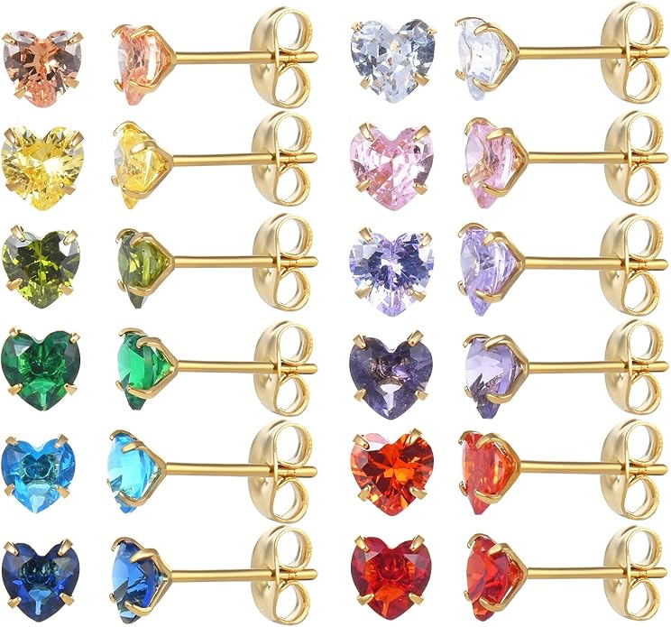 12 Pairs 18K Gold Plated Surgical Stainless Steel Stud Earrings, Star Heart Square Stud Earring for Women, Cubic Zirconia Birthstone Stud Earrings Set