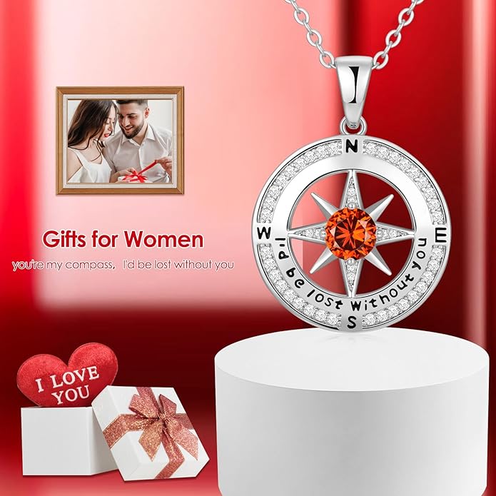 Zifeel Compass Necklace Gifts for Women wife - S925 Sterling Silver Birthstone Necklaces for Women - Anniversary Birthday Gifts for Her Wife Girlfriend - Valentines Mom Mothers Day Christmas Gifts Jewelry for Women