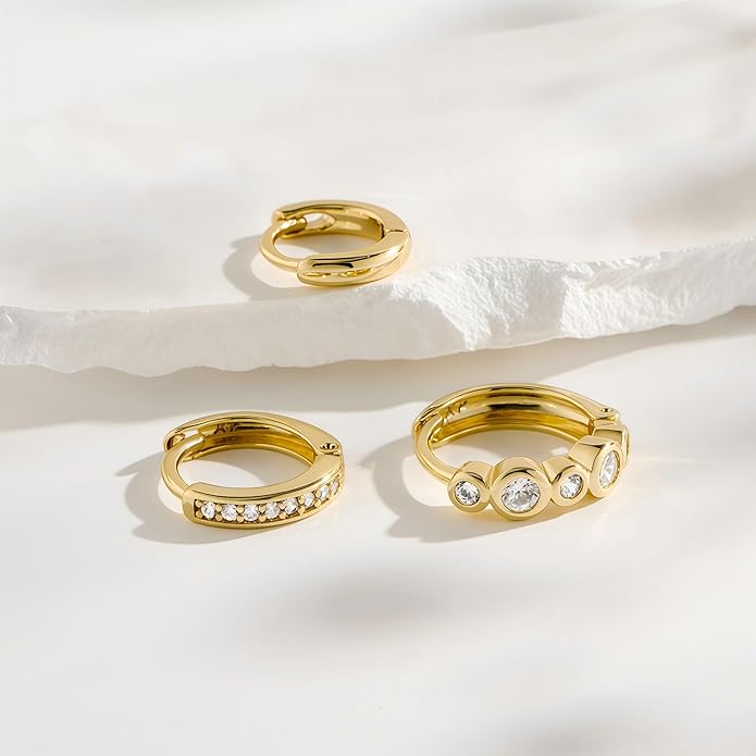 3Pairs Small Gold Huggie Hoop Earrings for Women,Romantic heart,Twisted braid two colors,3 CZ Hoop,5 Round Zircon Sport Hoops Earrings Set,14K Gold Filled Silver Hypoallergenic Earring Excellent gift