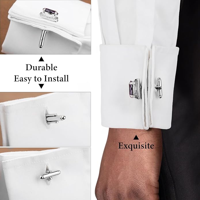 HAWSON Large Silver Birthstone Cuff Links Mens, Colorful Gem Cufflinks for Shirt Suit Accessories, Birthday Anniversary Wedding Gifts for Groommens Husband Father