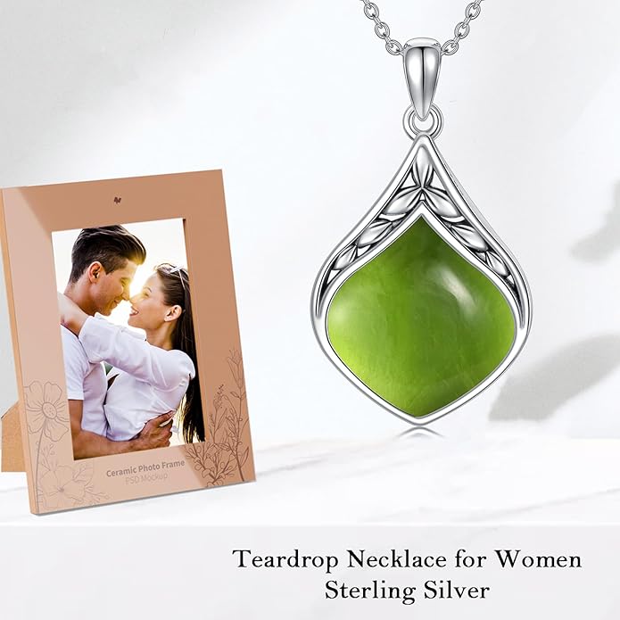 Teardrop Necklace 925 Sterling Silver Vintage Natural Gemstone Pendant Jewelry Birthday Christmas Gifts for Women Mom