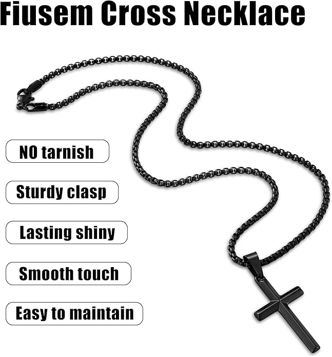 Fiusem Beveled Edge Cross Necklace for Men, Silver Tone/Black/14K Gold Plated Mens Cross Necklace, 2.5MM Stainless Steel Box Chain with Pendant